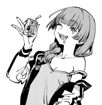 1girl ;d blunt_bangs bocchi_the_rock! braid collarbone commentary_request drink_carton drooling greyscale highres hiroi_kikuri holding holding_juice_box jacket juice_box long_hair long_sleeves looking_at_viewer monochrome off_shoulder one_eye_closed open_clothes open_jacket open_mouth sharp_teeth shirt simple_background single_braid sleeveless sleeveless_shirt smile solo spaghetti_strap strap_slip tears teeth upper_body white_background ztoriataming