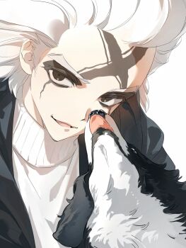 1boy animal black_eyes black_jacket brown_eyes commentary dog dr._stone facial_tattoo highres hikawahomura jacket licking licking_another&#039;s_face looking_at_viewer male_focus open_mouth simple_background smile solo sweater symbol-only_commentary tattoo tongue tongue_out turtleneck turtleneck_sweater upper_body white_background white_hair white_sweater xeno_(dr.stone)