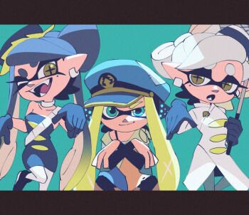 3girls :o ;d agent_3_(splatoon) ankle_boots bare_shoulders black_dress black_footwear black_gloves black_hair blonde_hair blue_background blue_eyes blue_hat boots bow-shaped_hair callie_(alterna)_(splatoon) callie_(splatoon) captain_3_(splatoon) choker closed_mouth coat collarbone commentary_request cross-shaped_pupils crossed_arms dress earrings fangs film_grain gloves gradient_hair grey_hair grey_pantyhose hat holding holding_umbrella inkling jewelry leg_up letterboxed long_hair long_sleeves looking_at_viewer marie_(alterna)_(splatoon) marie_(splatoon) mole mole_under_eye multicolored_hair multiple_girls nintendo one_eye_closed open_mouth pantyhose patchwork_clothes peaked_cap pointy_ears short_hair sitting smile smirk splatoon_(series) splatoon_3 strapless strapless_dress swept_bangs symbol-shaped_pupils tentacle_hair thick_eyebrows twintails two-tone_hair ukata umbrella white_choker white_coat white_pantyhose yellow_eyes
