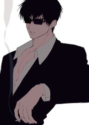Rule 34 | 1boy, 51amimn, black hair, black jacket, cigarette, collared shirt, highres, holding, holding cigarette, jacket, long sleeves, male focus, nicholas d. wolfwood, shirt, simple background, smoke, smoking, solo, sunglasses, trigun, upper body, white background, white shirt