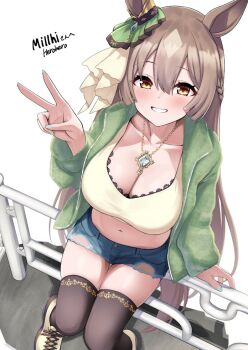 1girl :d alternate_costume animal_ears aqua_nails black_thighhighs braid breasts brown_hair cleavage collarbone commentary commission cropped_shirt denim denim_shorts ear_ornament english_commentary grin gyaru herohero_(higashi_no_dou) horse_ears horse_girl jewelry large_breasts long_hair long_sleeves looking_at_viewer navel necklace on_railing open_mouth railing satono_diamond_(umamusume) shirt shoes short_shorts shorts sitting skeb_commission smile sneakers solo thighhighs umamusume very_long_hair white_shoes yellow_shirt