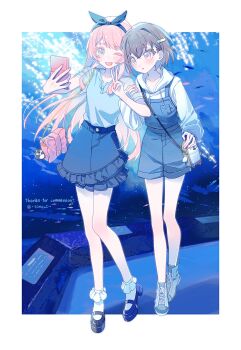 Rule 34 | 2girls, absurdres, aquarium, bag, bag charm, bang dream!, bang dream! it's mygo!!!!!, black shoes, blue overalls, blue shorts, blue skirt, blush, border, brown eyes, cellphone, charm (object), chihaya anon, commentary, commission, fang, grey hair, hair ornament, hairclip, highres, holding, holding phone, hood, hood down, hoodie, long hair, multiple girls, one eye closed, open mouth, outside border, overalls, phone, pink bag, pink hair, selfie, shoes, short hair, shorts, simoco, skirt, smartphone, takamatsu tomori, untranslatable commentary, v, white border, white hoodie