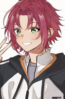 Rule 34 | 1boy, clenched teeth, drawstring, ensemble stars!, fingernails, green eyes, hand up, highres, isara mao, looking at viewer, male focus, red hair, rii (rii t93), short hair, simple background, smile, solo, teeth, tied drawstring, v, white background