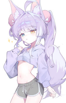 1girl absurdres ahoge animal_ears arm_at_side black_shorts blue_eyes breasts closed_mouth cowboy_shot crop_top crop_top_overhang cropped_hoodie dolphin_shorts drawstring fox_ears fox_girl fox_tail hair_intakes hand_up heterochromia highres hood hood_down hoodie light_blush loli long_hair long_sleeves looking_at_viewer multicolored_hair nadam_(yny_00100) navel orange_eyes ponytail purple_hair purple_hoodie short_shorts shorts simple_background small_breasts solo standing stellive stomach streaked_hair tail tenko_shibuki underboob virtual_youtuber white_background