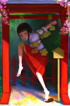 1girl arms_behind_back bdsm black_hair bondage bound female_focus hime_cut ikelag japanese_clothes kinbaku long_hair miko original pleated_skirt shibari skirt socks solo strappado tabi thighhighs white_socks