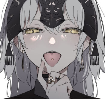 1girl blonde_hair commentary_request earrings fate/grand_order fate_(series) hair_between_eyes headgear jeanne_d&#039;arc_alter_(fate) jewelry long_hair looking_at_another multiple_piercings piercing ri_o_ne_su ring solo tongue tongue_out tongue_piercing white_background yellow_eyes