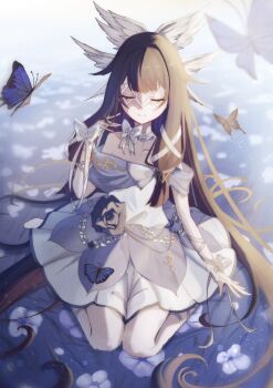 1girl alternate_costume bare_shoulders black_hair bow bug butterfly closed_eyes closed_mouth collarbone columbina_(genshin_impact) commentary dress eye_mask flower genshin_impact hair_ribbon hashtag-only_commentary head_wings highres insect long_hair mask multicolored_hair off-shoulder_dress off_shoulder pink_hair ribbon rin_bina sidelocks sitting smile solo two-tone_hair very_long_hair wariza white_bow white_dress white_ribbon white_wings wings