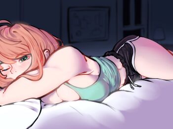 ashytown bed bedroom breasts brown_hair doki_doki_literature_club dolphin_shorts green_eyes lying midriff monika_(doki_doki_literature_club) on_stomach one_eye_closed pillow shorts tagme tank_top thighs
