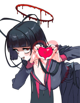 Rule 34 | 1girl, absurdres, black hair, black serafuku, blood, blood halo, blue archive, breasts, cleavage, commentary request, go d e, halo, hanging breasts, heart, heart hands, highres, korean commentary, large breasts, leaning forward, liquid halo, long hair, neckerchief, red eyes, red neckerchief, school uniform, serafuku, simple background, solo, tsurugi (blue archive), undone neckerchief, white background