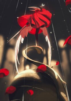 1girl arthropod_girl black_eyes black_skin bug butterfly butterfly_on_hand cloak colored_skin corvus_noctis feathered_wings feathers full_body glowing_butterfly highres holding holding_weapon hollow_eyes hollow_knight hollow_knight:_silksong horned_mask hornet_(hollow_knight) horns insect looking_at_animal mask needle_(hollow_knight) red_cloak standing thread weapon white_feathers white_mask white_wings wings