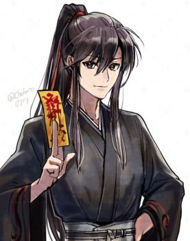 Rule 34 | 1boy, between fingers, bishounen, black hair, black hanfu, brown eyes, chinese clothes, chohato0717, closed mouth, dated, grey sash, hair ribbon, hand on own hip, hanfu, high ponytail, holding, holding ofuda, light smile, long hair, long sleeves, looking at viewer, male focus, modao zushi, ofuda, ofuda between fingers, ponytail, purple hair, red ribbon, ribbon, robe, sidelocks, simple background, smile, solo, talisman, twitter username, upper body, wei wuxian, white background, wide sleeves