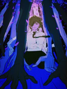 Rule 34 | 1girl, amputee, armless amputee, black hair, black necktie, black pants, blue theme, breasts, chainsaw man, collared shirt, dark, dark background, disembodied hand, extra arms, eyepatch, falling petals, floating neckwear, flower, ghost devil (chainsaw man), highres, himeno (chainsaw man), kneeling, looking at viewer, medium breasts, necktie, no arms, pants, pecopecosupipi, petals, shirt, shirt tucked in, short hair, solo, sweat, white shirt