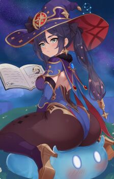 2girls absurdres ass ass_focus blue_hat blue_leotard blush breasts fischl_(genshin_impact) genshin_impact gold_shoes grabbing_own_ass hat highres huge_ass leotard looking_at_viewer mona_(genshin_impact) multiple_girls purple_hat purple_leotard shoes slime_(genshin_impact) squatting string_rafart witch_hat