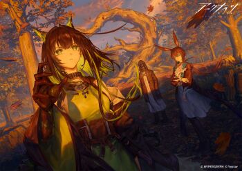 1other 2girls ahoge amiya_(arknights) amiya_(medic)_(arknights) animal_ears arknights ascot autumn autumn_leaves belt black_coat black_hair black_jacket black_pantyhose blue_eyes brown_hair coat collar colored_extremities commentary_request copyright_notice doctor_(arknights) dress forest frilled_ascot frills green_dress green_eyes green_streaks gyoukan_(jfxc) highres hood hood_up hooded_coat huge_ahoge jacket jewelry leaf long_hair mon3tr_(arknights) multicolored_hair multiple_girls multiple_rings nature official_art pantyhose rabbit_ears rabbit_girl ring robe stethoscope_around_neck streaked_hair sunlight tree white_ascot white_dress white_robe