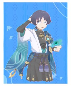 Rule 34 | 1boy, :p, anemo symbol (genshin impact), animal print, aqua gemstone, aqua kimono, aqua sleeves, arm behind head, belt, bird print, black belt, black bodysuit, black bow, black bridal gauntlets, black hair, black shorts, blue background, blue cape, blunt ends, bodysuit, border, bow, bridal gauntlets, bright pupils, cape, commentary request, cropped legs, feathers, furisode, gem, genshin impact, gold, gold ring, gold trim, grey eyes, hakama, hakama shorts, highres, japanese clothes, juban, kimono, layered sleeves, looking up, male focus, mandarin collar, middle ring, open clothes, open hand, open kimono, pleated shorts, pom pom (clothes), purple rope, purple sash, rope, sash, scaramouche (genshin impact), short sleeves, shorts, solo, tassel, tongue, tongue out, usausa9170, vortex, wanderer (genshin impact), white border, white kimono, white pupils, white sleeves, white trim, wispy bangs, yellow feathers