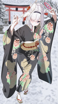 1girl aged_up alternate_costume animal_ears black_hairband black_kimono blue_archive blunt_bangs blurry blurry_background braid commentary_request eyes_visible_through_hair fingernails floral_print grey_hair hair_over_one_eye hairband halo highres horse_ears japanese_clothes kemonomimi_mode kimono looking_at_viewer mikanagi_yuri nail_polish obi outdoors plana_(blue_archive) sash single_braid snow solo tabi torii wide_sleeves