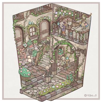 ! !! >_< 2girls 4boys ahoge animal bag baguette bear bird border bread brick_floor brown_hat brown_pants cat chigu closed_eyes commentary_request dog floorplan flying_sweatdrops food green_hair grey_hair hat head_wings highres holding holding_bag long_sleeves multiple_boys multiple_girls musical_note open_mouth original outside_border pants paper_bag purple_shirt rabbit shirt short_hair sitting smile spoken_exclamation_mark spoken_flying_sweatdrops standing twitter_username white_border wings