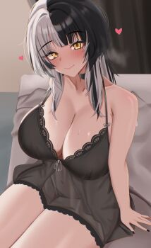1girl alternate_costume black_choker black_hair black_nails black_negligee black_panties blunt_bangs blush breasts choker cleavage closed_mouth collarbone fingernails grey_hair hashtag-only_commentary heart highres hololive hololive_english indoors large_breasts lips looking_at_viewer medium_hair multicolored_hair nail_polish on_bed panties see-through_clothes shiori_novella sitting sleepwear solo split-color_hair sweat underwear virtual_youtuber yellow_eyes yobi_(ybpac18)
