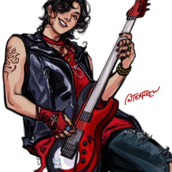 Rule 34 | 1boy, arm tattoo, artist name, bandaid, bandaid on finger, bandaid on hand, black hair, black vest, bracelet, commentary, commission, cropped, curly hair, denim, dutch angle, earrings, electric guitar, english commentary, face piercing, fingerless gloves, from below, gloves, grin, guitar, holding, holding instrument, instrument, jeans, jewelry, leather, leather vest, looking at viewer, male focus, medium hair, modao zushi, multiple rings, music, necklace, nose piercing, pants, piercing, playing instrument, rabbit sticker, red eyes, red gloves, red nails, red shirt, ring, safety pin, shirt, signature, simple background, single fingerless glove, single glove, sleeveless, sleeveless shirt, sleeveless vest, smile, solo, sticker, tattoo, teardew, teeth, torn clothes, torn jeans, torn pants, torn shirt, upper body, vest, wei wuxian, white background