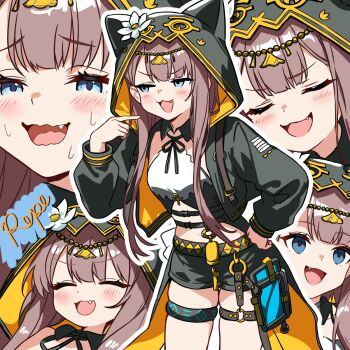 1girl :3 animal_ears ankh arknights belt belt_buckle blue_eyes blush brown_hair buckle cat_ears cat_girl circlet coat collar fang flower flower_on_head highres hood jacket jewelry key long_hair midriff open_clothes open_jacket open_mouth pepe_(arknights) shorts thigh_strap tokinin4 wavy_mouth