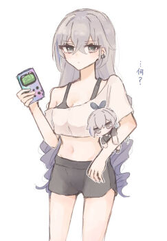 1girl alternate_hair_length alternate_hairstyle ame_00531 black_shorts black_sports_bra breasts character_doll cleavage commentary_request cowboy_shot crossed_bangs doll earclip expressionless grey_eyes grey_hair hair_down hand_up handheld_game_console holding holding_doll holding_handheld_game_console honkai:_star_rail honkai_(series) long_hair looking_at_viewer medium_breasts navel no_jacket shirt short_shorts shorts silver_wolf_(honkai:_star_rail) simple_background single-shoulder_shirt single_bare_shoulder solo sports_bra translation_request very_long_hair white_background