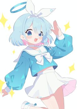 1girl :d arm_up arona_(blue_archive) blue_archive blue_eyes blue_hair blue_halo blue_shirt blush_stickers bow bow_hairband bowtie braid colored_inner_hair cowboy_shot hairband halo hashtag-only_commentary highres leg_up long_sleeves looking_at_viewer masakamea medium_hair multicolored_hair open_mouth pink_hair pleated_skirt sailor_collar shirt simple_background single_braid skirt smile solo sparkle two-tone_hair white_background white_bow white_bowtie white_hairband white_sailor_collar white_skirt