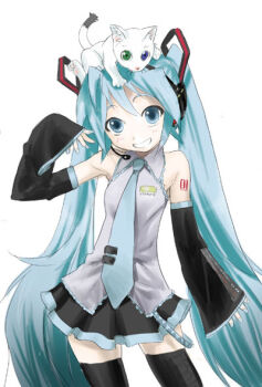 Rule 34 | animal, animal on head, artist request, bare shoulders, belt, black skirt, black sleeves, black thighhighs, blue eyes, blue hair, blue necktie, blush, blush stickers, cat, cat on head, clenched teeth, collar, colored eyebrows, cowboy shot, detached sleeves, frilled shirt, frills, grey shirt, hands up, hatsune miku, headset, heterochromia, long hair, looking at viewer, necktie, number tattoo, on head, shirt, single sleeve past wrist, skirt, smile, square hair ornament, standing, tattoo, teeth, thighhighs, third-party source, two-tone skirt, vocaloid, white background, white cat, zettai ryouiki