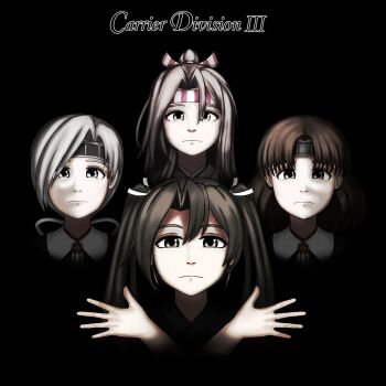 4girls album_cover album_cover_redraw asymmetrical_hair brown_hair chibiosaka chitose_(kancolle) chiyoda_(kancolle) cover derivative_work green_hair grey_hair headband kantai_collection long_hair looking_at_viewer multiple_girls parody ponytail queen_(band) reference shaded_face shadow twintails zuihou_(kancolle) zuikaku_(kancolle)