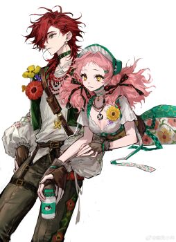 1boy 1girl :3 absurdres belt belt_buckle black_bow black_gloves bottle bow breasts brooch brown_belt brown_corset brown_pants buckle chest_belt chinese_commentary choker cleavage closed_mouth collarbone commentary_request corset cowboy_shot drink earrings expressionless eyelashes fingerless_gloves floral_print flower flower_brooch frilled_headwear gloves green_bonnet green_choker green_skirt green_vest hair_bow hair_ornament hair_over_one_eye hairclip hand_on_own_hip highres holding holding_drink jewelry long_hair low_twintails lying milk_bottle mouth_hold necklace on_stomach open_clothes open_vest original pants pink_hair red_hair sharing shirt short_sleeves simple_background skirt smile stalk_in_mouth standing sunflower twintails two-tone_skirt vest waist_ribbon watermark weibo_watermark white_background white_shirt white_skirt yellow_eyes yellow_flower zi_yin