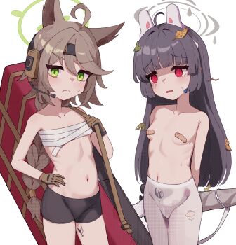 2girls absurdres ahoge animal_ears bandaid bandaids_on_nipples black_hair black_shorts blue_archive blunt_bangs blush braid breasts brown_gloves brown_hair chest_sarashi collarbone covered_groin empty_eyes fox_ears fox_girl frown furrowed_brow gloves green_eyes halo hand_on_own_hip headset highres hime_cut hrnt leaf leaf_on_head loli long_hair looking_at_viewer miyu_(blue_archive) multiple_girls navel otogi_(blue_archive) pantyhose parted_lips pasties red_eyes sarashi shorts simple_background small_breasts standing sweatdrop tearing_up upper_body v-shaped_eyebrows very_long_hair white_background white_pantyhose