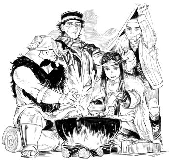 1girl 3boys ainu ainu_clothes asirpa bandana beard beard_over_mouth bowl buzz_cut cape commentary cooking cooking_pot dungeon_meshi dwarf earrings english_commentary facial_hair facial_scar fake_horns fur_cape goatee golden_kamuy hat helmet hoop_earrings horned_helmet horns jewelry ladle long_beard long_sideburns luke_skyfaller military_hat multiple_boys mustache scar scar_on_cheek scar_on_face scar_on_mouth scar_on_nose senshi_(dungeon_meshi) shaved_head shiraishi_yoshitake short_hair sideburns sugimoto_saichi thick_arm_hair thick_leg_hair thick_mustache two-tone_headwear very_hairy very_long_beard very_short_hair wok