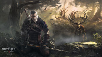 1boy absurdres animal_skull armor artist_name black_gloves copyright_name deer_skull forest geralt_of_rivia gloves glowing glowing_eyes highres holding holding_sword holding_weapon leshen logo long_hair marina_ortega_lorente meditation monster nature outdoors sunset sword the_witcher_(series) the_witcher_3 tree watermark weapon web_address white_hair witcher_medallion yellow_eyes