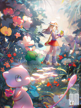1girl blue_shirt brown_hair bulbasaur commentary dappled_sunlight ekm flower full_body gen_1_pokemon grey_eyes hat holding holding_map leaf_(pokemon) legendary_pokemon looking_at_another map mew_(pokemon) mythical_pokemon nintendo path pokemon pokemon_(creature) pokemon_frlg red_flower red_skirt road shirt shoes skirt sleeveless sleeveless_shirt sunlight white_hat white_shoes wristband yellow_flower