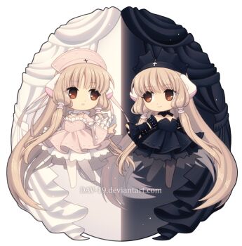 2girls android animal_ears black_dress black_vs_white blonde_hair brown_eyes chibi chibi_only chii chobits commentary curtains dav-19 deviantart_username dress eye_contact female_focus freya_(chobits) frilled_dress frills gothic_lolita hat lolita_fashion long_hair looking_at_another multiple_girls nurse_cap persocom_(chobits) pink_dress robot_ears siblings sisters transparent_background twins very_long_hair watermark web_address
