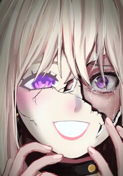 1girl absurdres bang_dream! bang_dream!_it&#039;s_mygo!!!!! blonde_hair close-up commentary cracked_kawaii_mask cracked_skin crying crying_with_eyes_open doloris_(bang_dream!) hashtag-only_commentary highres miomujica misumi_uika open_mouth purple_eyes revealing_layer solo tears