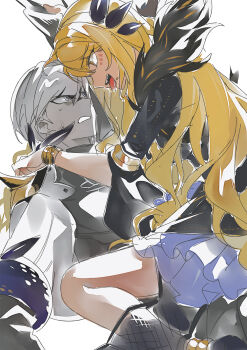 1boy 1girl agata720 anger_vein blonde_hair colored_sclera colored_skin dark-skinned_female dark-skinned_male dark_skin dragon_girl dragon_horns facial_mark fate/grand_order fate_(series) fur_trim grey_eyes highres horns indra_(fate) long_hair looking_at_another open_mouth profile sharp_teeth shirt short_hair side_labret_piercing simple_background skirt straddling sweatdrop teeth tongue tongue_out vritra_(fate) vritra_(second_ascension)_(fate) white_background white_hair yellow_eyes