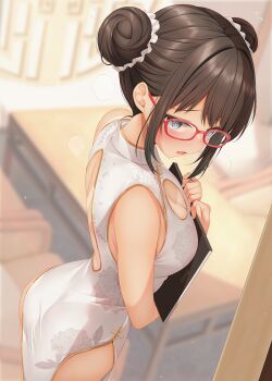 Rule 34 | 1girl, @ @, back cutout, bare shoulders, blue eyes, blush, breasts, brown hair, china dress, chinese clothes, cleavage, cleavage cutout, closed mouth, clothing cutout, commentary request, double bun, dress, floral print, floral print dress, from above, from side, glasses, gold trim, hair bun, hands up, highres, holding, holding menu, large variant set, looking at viewer, looking to the side, menu, minato ojitan, open mouth, original, pelvic curtain, print dress, red-framed eyewear, sleeveless, sleeveless dress, solo, tan, tanline, variant set