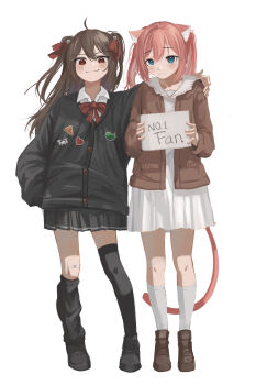 2girls absurdres ahoge animal_ears arm_around_shoulder bandaid bandaid_on_knee bandaid_on_leg black_cardigan black_jacket black_leg_warmers black_shoes black_skirt black_thighhighs blue_eyes bow bowtie brown_hair brown_shoes cardigan cat_ears cat_girl cat_tail closed_mouth collared_dress commentary commission dress dress_shirt english_commentary evil_neuro-sama full_body hair_between_eyes hair_ribbon highres holding jacket kan1360 leg_warmers long_hair long_sleeves miniskirt multiple_girls neuro-sama original pink_hair red_bow red_bowtie red_eyes red_ribbon ribbon shirt shoes short_dress single_leg_warmer single_thighhigh skirt smile socks standing tail thighhighs two_side_up vedal_ai virtual_youtuber white_dress white_shirt white_socks