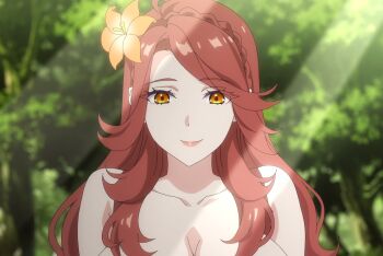 1girl breasts cleavage collarbone flower hair_flower hair_ornament highres large_breasts light_smile long_hair lucrezia_(unnamed_memory) red_hair solo stitched third-party_edit unnamed_memory