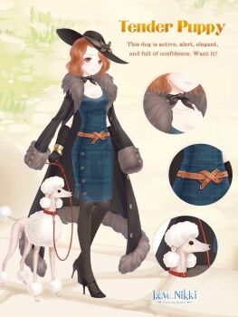 1girl artist_request belt black_coat black_hat black_pantyhose black_scarf black_shoes blue_dress bow breasts brown_belt brown_eyes buttons character_name cleavage close-up closed_mouth coat coat_on_shoulders collarbone copyright_logo crossed_belts day dot_nose dress english_text eyelashes forehead full_body fur-trimmed_coat fur_trim grass grey_bow happy hat hat_bow high_heels holding holding_leash knees leash light_blush logo looking_at_viewer medium_breasts medium_dress miracle_nikki nikki_(series) official_art orange_hair outdoors pantyhose path pencil_dress plaid_clothes plaid_dress poodle road scarf shoes short_hair smile solo standing stiletto_heels sun_hat tareme tender_puppy_(miracle_nikki) third-party_source wavy_hair