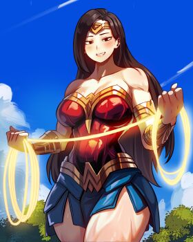 Rule 34 | 1girl, absurdres, alternate universe, bare shoulders, black eyes, black hair, blue skirt, blue sky, boku no hero academia, bracer, breasts, cleavage, cloud, collarbone, commentary, cosplay, cowboy shot, dc comics, gold tiara, grin, highres, holding lasso, large breasts, lasso, lasso of truth, leotard, long hair, looking at viewer, miniskirt, narrow waist, parted hair, red leotard, skirt, sky, smile, solo, spanish commentary, standing, strapless, strapless leotard, superhero costume, thick thighs, thighs, toned, toned female, tree, vlizz, wonder woman, wonder woman (cosplay), yaoyorozu momo