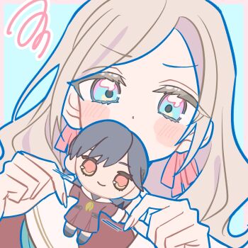 Rule 34 | 1girl, aqua neckerchief, black hair, blue background, blue eyes, blush, border, brown dress, ceras yanagida lilienfeld, character doll, commentary, doll, dress, grey hair, hair ribbon, hasu no sora school uniform, highres, holding, holding doll, katsuragi izumi, kyurumaru, link! like! love live!, long hair, long sleeves, looking at viewer, love live!, medium dress, neckerchief, orange eyes, outside border, pink border, pink ribbon, pleated dress, ribbon, sailor collar, sailor dress, school uniform, solo, squiggle, symbol-only commentary, techimi, virtual youtuber, white sailor collar, winter uniform, yellow neckerchief