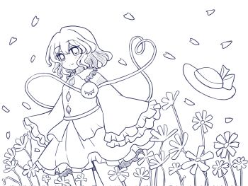 Rule 34 | 1girl, bow, buttons, closed mouth, collared shirt, commentary, diamond button, eyeball, falling petals, flower, frilled shirt collar, frilled skirt, frilled sleeves, frills, hat, hat bow, heart, heart of string, highres, komeiji koishi, long sleeves, looking at viewer, monochrome, no headwear, petals, shirt, silverrain, skirt, smile, solo, third eye, touhou, unworn headwear, wide sleeves