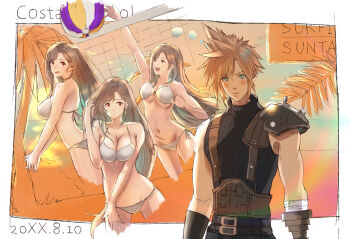 1boy 1girl absurdres armor ball bare_shoulders beach beachball belt belt_buckle bikini black_hair blonde_hair blue_eyes blush breasts breasts_squeezed_together buckle cloud_strife commentary_request cowboy_shot earrings final_fantasy final_fantasy_vii final_fantasy_vii_remake highres jewelry jumping large_breasts long_hair multiple_belts multiple_views navel ocean palm_tree red_eyes shimamiyako shoulder_armor side-tie_bikini_bottom single_earring sleeveless sleeveless_turtleneck spiked_hair stomach suspenders sweater swimsuit tifa_lockhart tree turtleneck turtleneck_sweater upper_body white_bikini