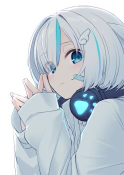1girl bandaid bandaid_on_cheek bandaid_on_face blue_eyes blue_hair blush closed_mouth commentary eyes_visible_through_hair hair_ornament hair_over_one_eye headphones headphones_around_neck highres jacket kawama_shuusuke long_sleeves looking_at_viewer multicolored_hair neon_trim original own_hands_together short_hair simple_background sleeves_past_wrists smile solo streaked_hair two-tone_hair upper_body white_background white_hair white_jacket wing_hair_ornament