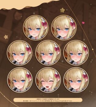 Rule 34 | 1girl, azur lane, blonde hair, blue eyes, clenched teeth, closed eyes, commentary request, dungeon ni deai wo motomeru no wa machigatteiru darou ka, embarrassed, expression chart, expressionless, hair between eyes, highres, light frown, looking down, maid headdress, medium hair, official art, promotional art, ryu lion, serious, smile, solo, teeth, translation request, wavy mouth