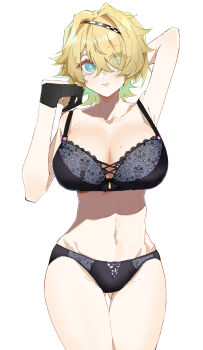 Rule 34 | 1girl, arm behind head, black bra, black gloves, black panties, blonde hair, blue eyes, bra, breasts, cleavage, commentary request, e sky rugo, girls' frontline, girls' frontline 2: exilium, gloves, hair over one eye, hand up, highres, large breasts, lingerie, looking at viewer, mole, mole on breast, mole under eye, navel, nikketa (girls' frontline 2), panties, partially fingerless gloves, short hair, simple background, solo, underwear, vsk-94 (girls' frontline), white background