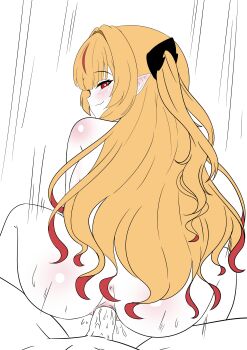 1boy 1girl anus ass blonde_hair blush chromashift closed_mouth elf eyelashes feet_out_of_frame from_behind greyscale half-closed_eyes heart heart-shaped_pupils hetero kimura_tao long_hair looking_at_viewer looking_back monochrome multicolored_hair naughty_face pointy_ears pov pov_crotch pussy red_eyes red_hair ruby_runeheart sex sex_from_behind sketch smile solo_focus symbol-shaped_pupils two-tone_hair two_side_up uncensored vaginal virtual_youtuber