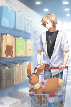 Rule 34 | 1boy, blonde hair, commentary request, eevee, gen 1 pokemon, highres, indoors, jewelry, male focus, necklace, nintendo, original, pokemon, pokemon (creature), shine cheese, shirt, shirt partially tucked in, shopping, shopping cart, short hair, short sleeves, standing, supermarket, towel, white shirt