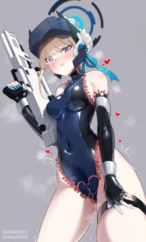 bare_shoulders blonde_hair blue_archive blue_leotard blush breasts collarbone covered_navel elbow_gloves fingerless_gloves gloves halo heart heart-shaped_pupils heattech_leotard highres impossible_clothes impossible_leotard leotard living_clothes long_hair looking_at_viewer maguro27 maid_headdress medium_breasts ohhoai open_mouth pussy_juice saliva saliva_trail skin_tight skindentation symbol-shaped_pupils tentacle_clothes thigh_strap toki_(blue_archive) turtleneck